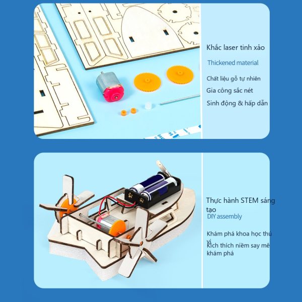 Đồ Chơi STEM Tàu Thủy Bánh Guồng Chạy Điện Lướt Nước Bằng Gỗ - 6 - 12 tuổi - Góc chụp 4 chính hãng Daisy Mart